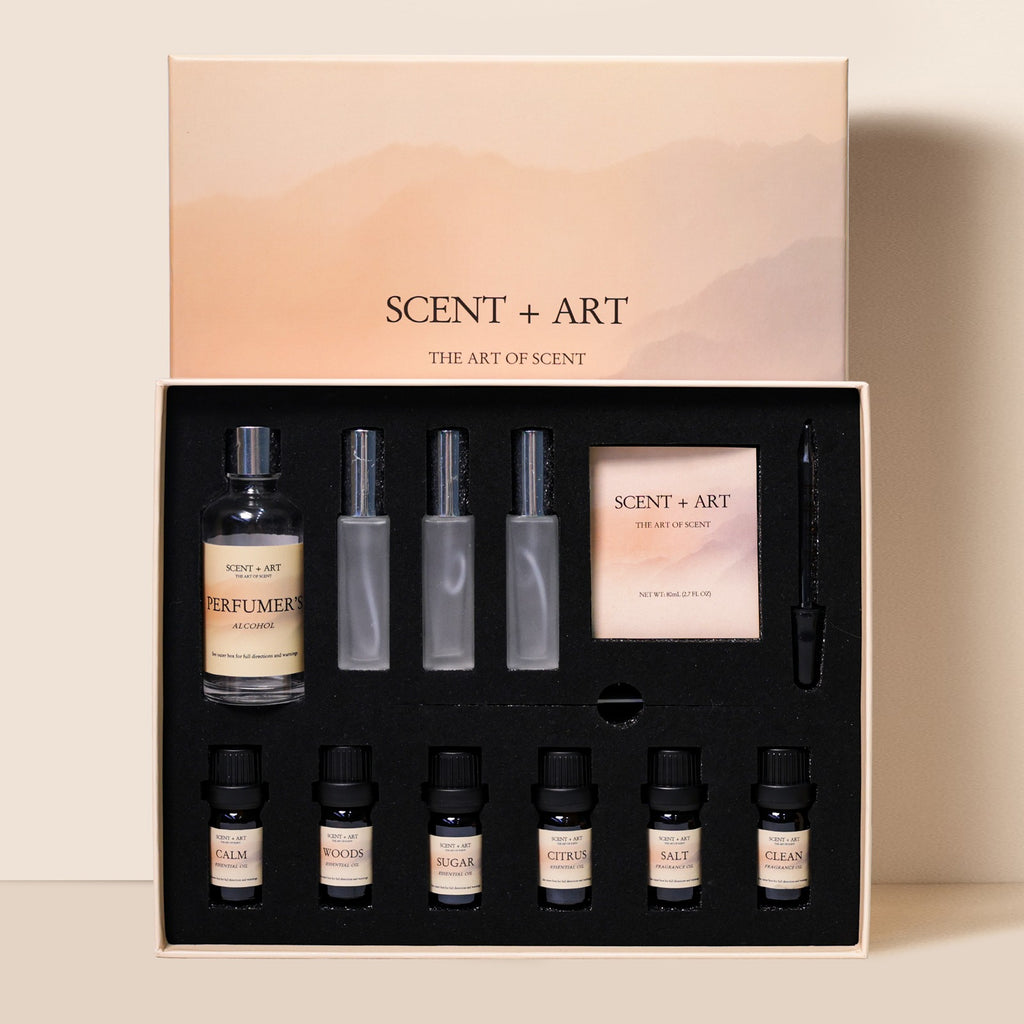 DIY perfume kit open box top view showing organized layout of six fragrance oils, perfumer's alcohol, three frosted spray bottles, dropper, and instruction card in peachy-beige luxury packaging with black foam insert