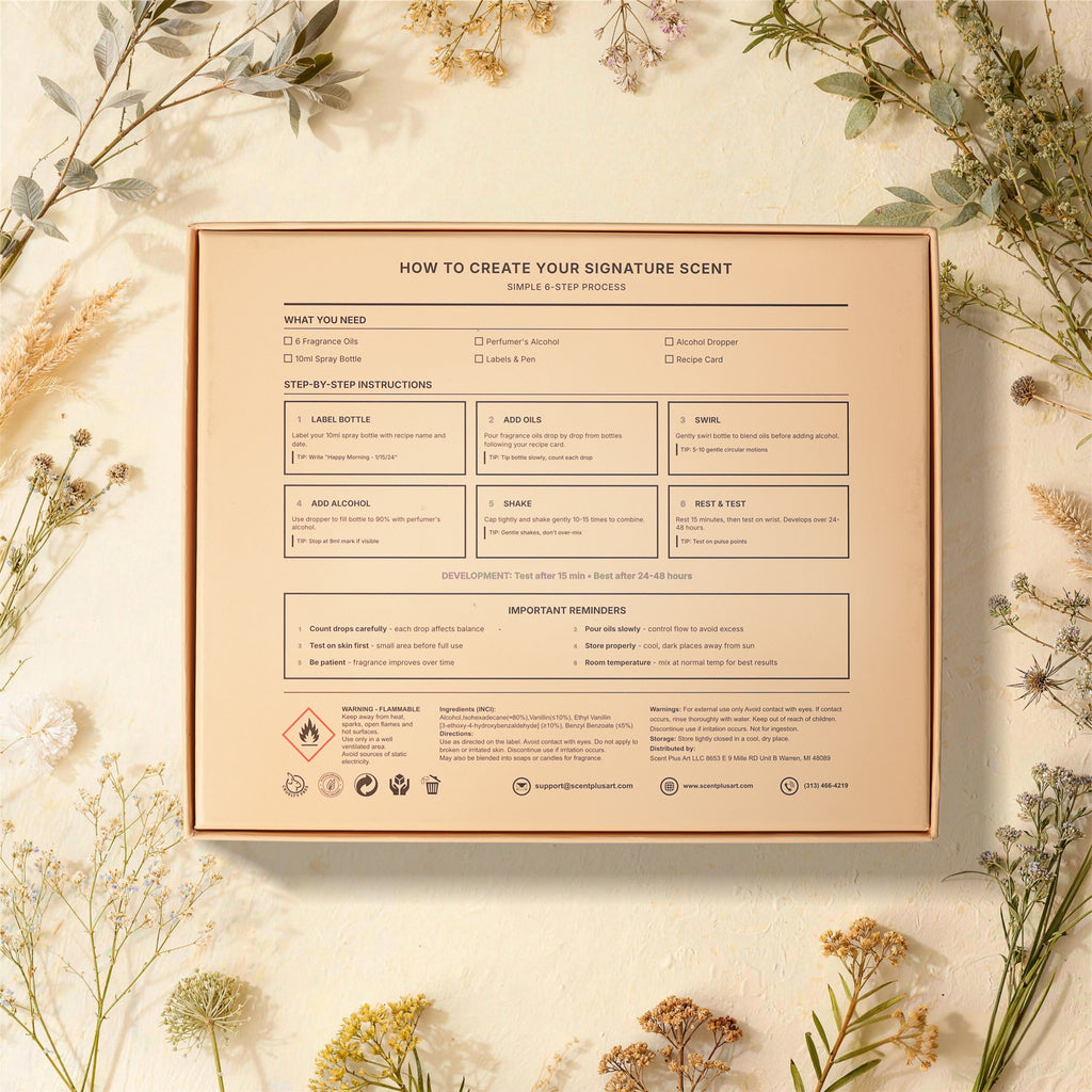 SCENT PLUS ART instruction card displaying 6-step perfume creation process with supply checklist and safety guidelines, surrounded by dried floral arrangement on textured cream background