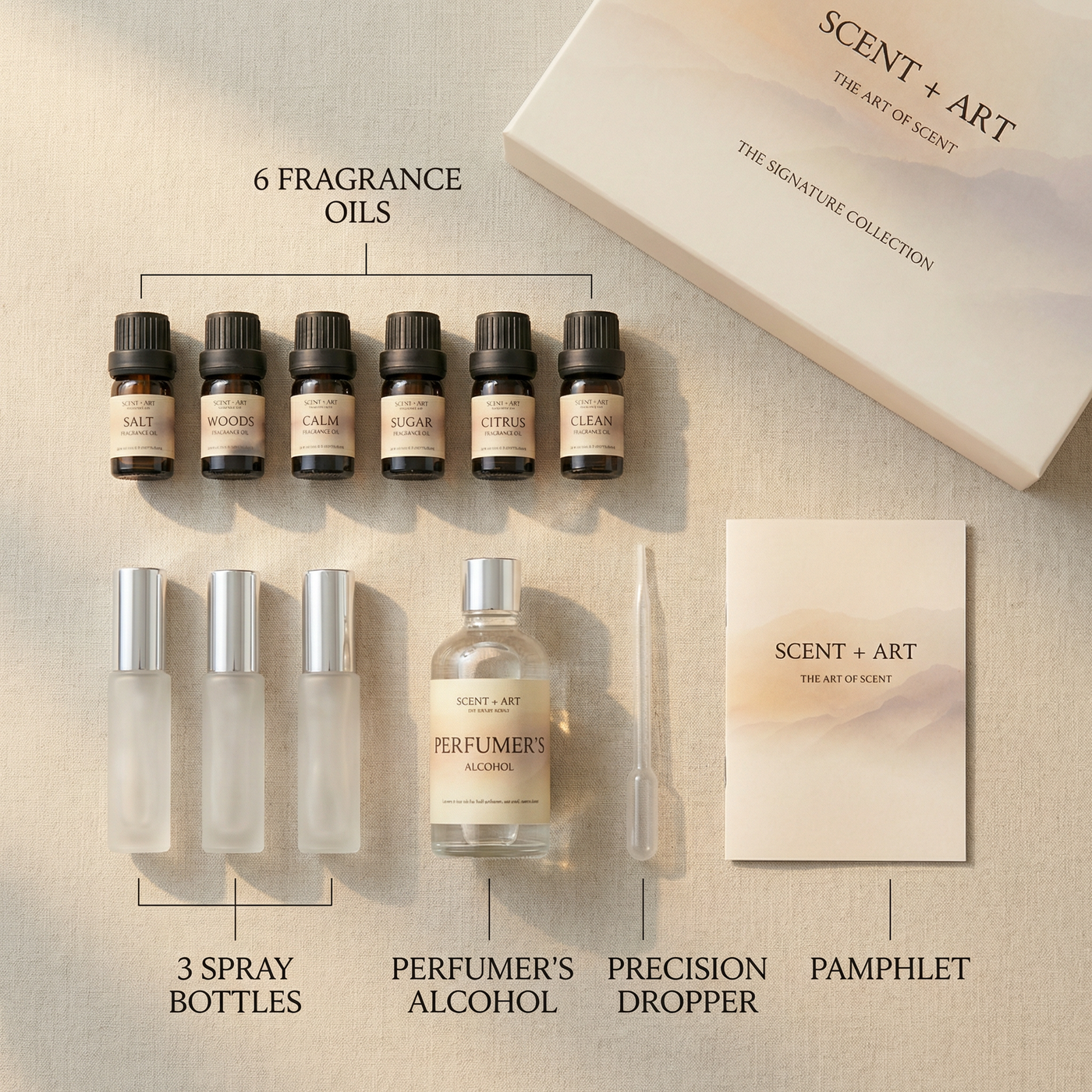 What's included in the Scent + Art perfume making kit: six fragrance oils, three spray bottles, perfumer's alcohol, a precision dropper and a recipe pamphlet