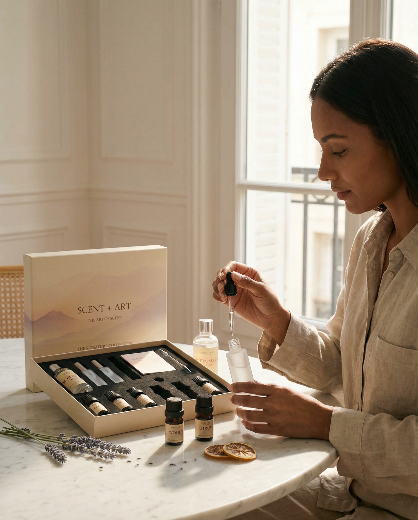 DIY perfume making kit styled in a warm home setting, frosted glass bottles and fragrance oils as a gift moment